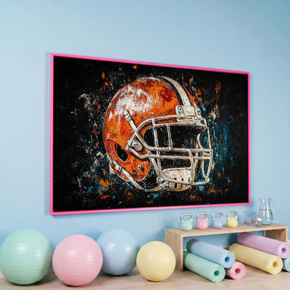 Football Helmet Abstract Canvas in Burnt Orange and Teal in pink floating frame