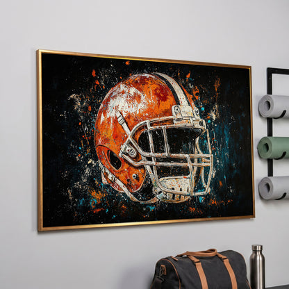 Football Helmet Abstract Canvas in Burnt Orange and Teal in rose gold floating frame