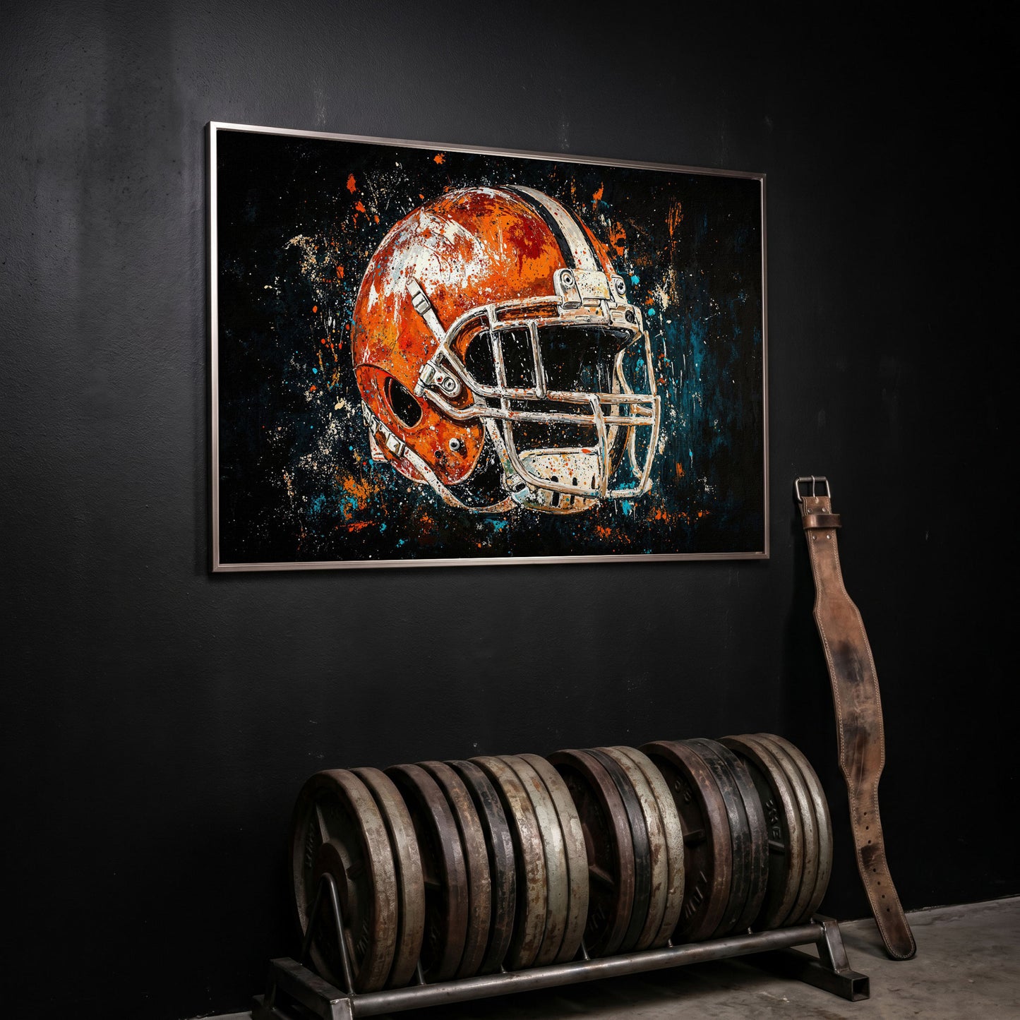 Football Helmet Abstract Canvas in Burnt Orange and Teal in silver floating frame