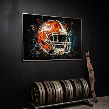 Football Helmet Abstract Canvas in Burnt Orange and Teal in silver floating frame