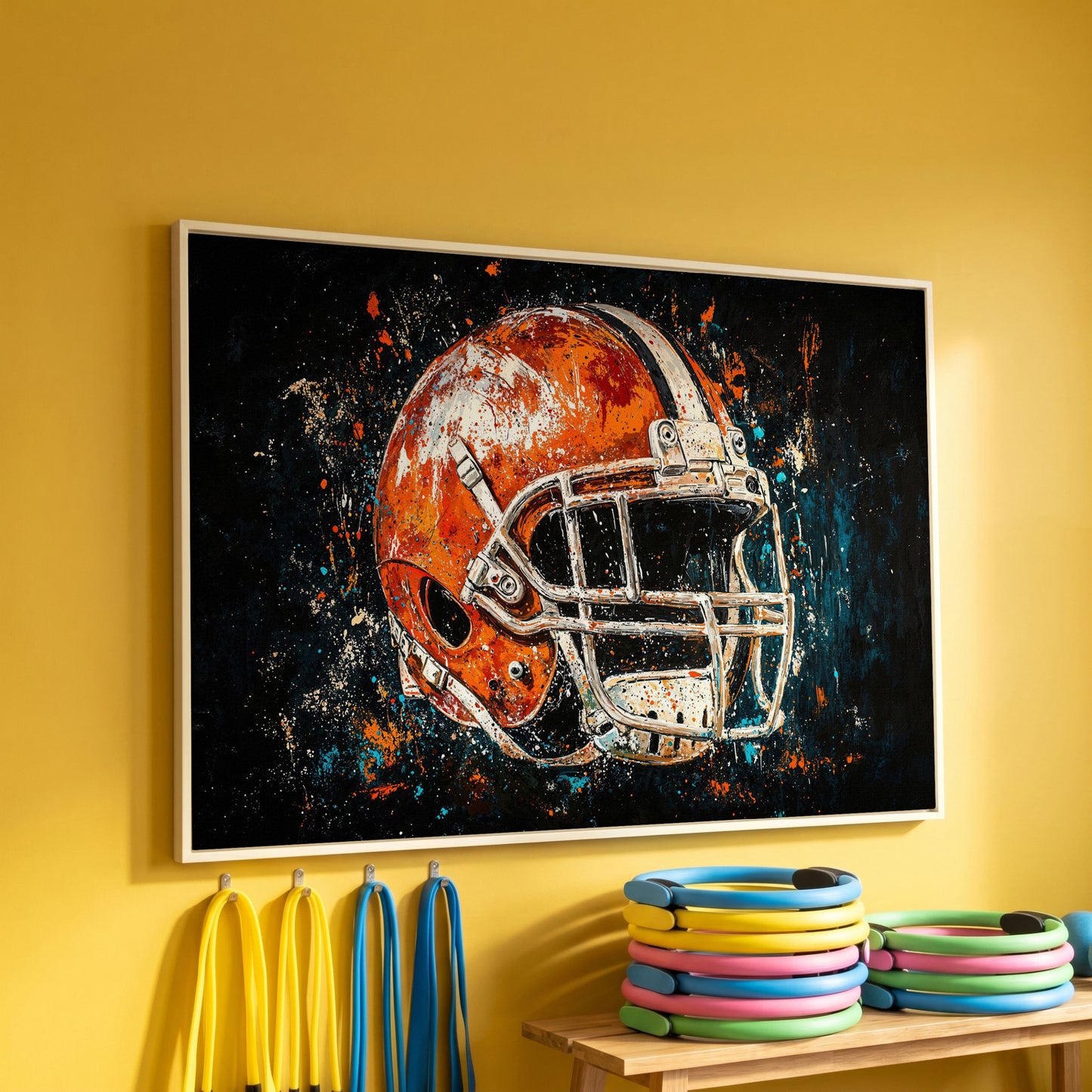Football Helmet Abstract Canvas in Burnt Orange and Teal in white floating frame