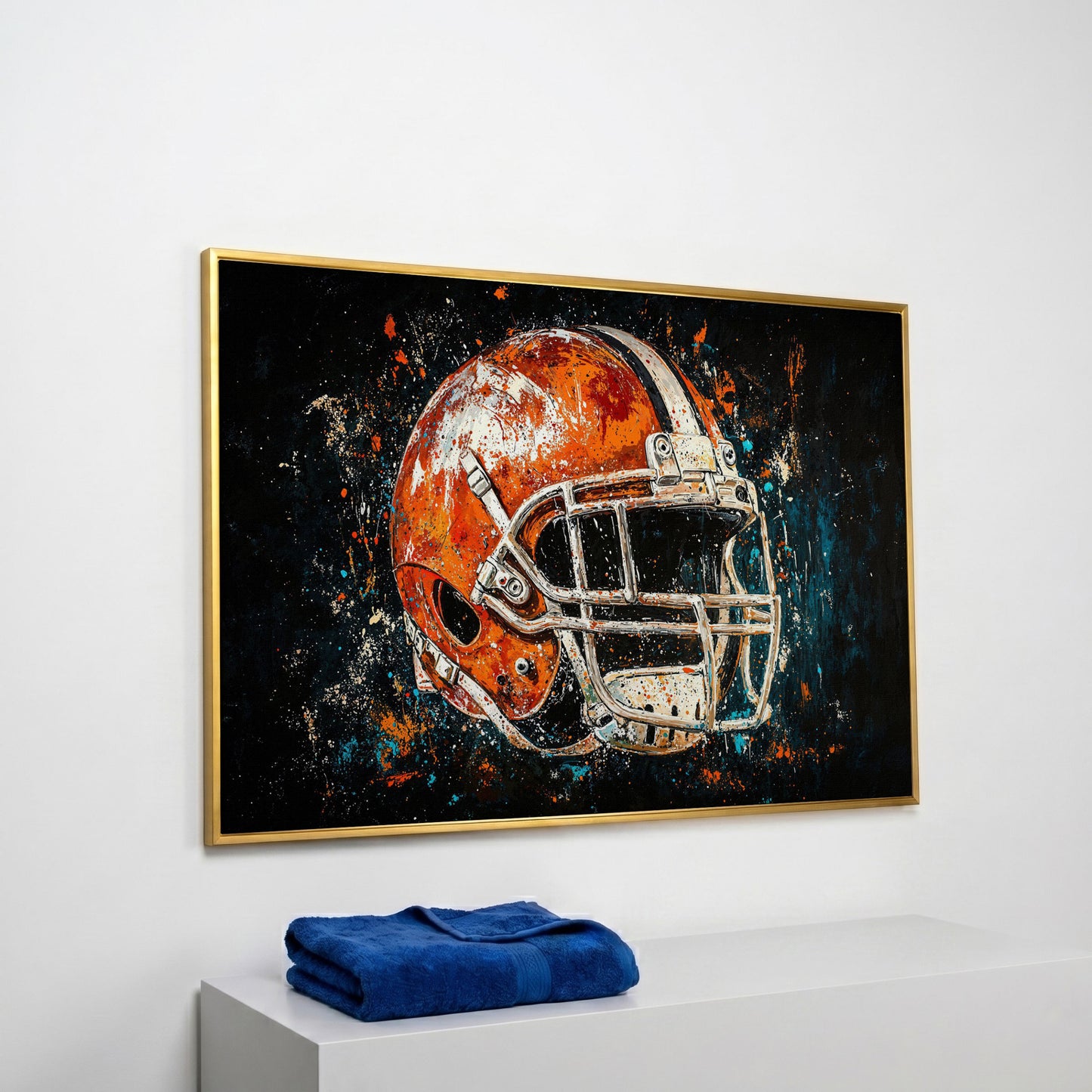 Football Helmet Abstract Canvas in Burnt Orange and Teal in yellow gold floating frame