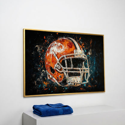 Football Helmet Abstract Canvas in Burnt Orange and Teal in yellow gold floating frame