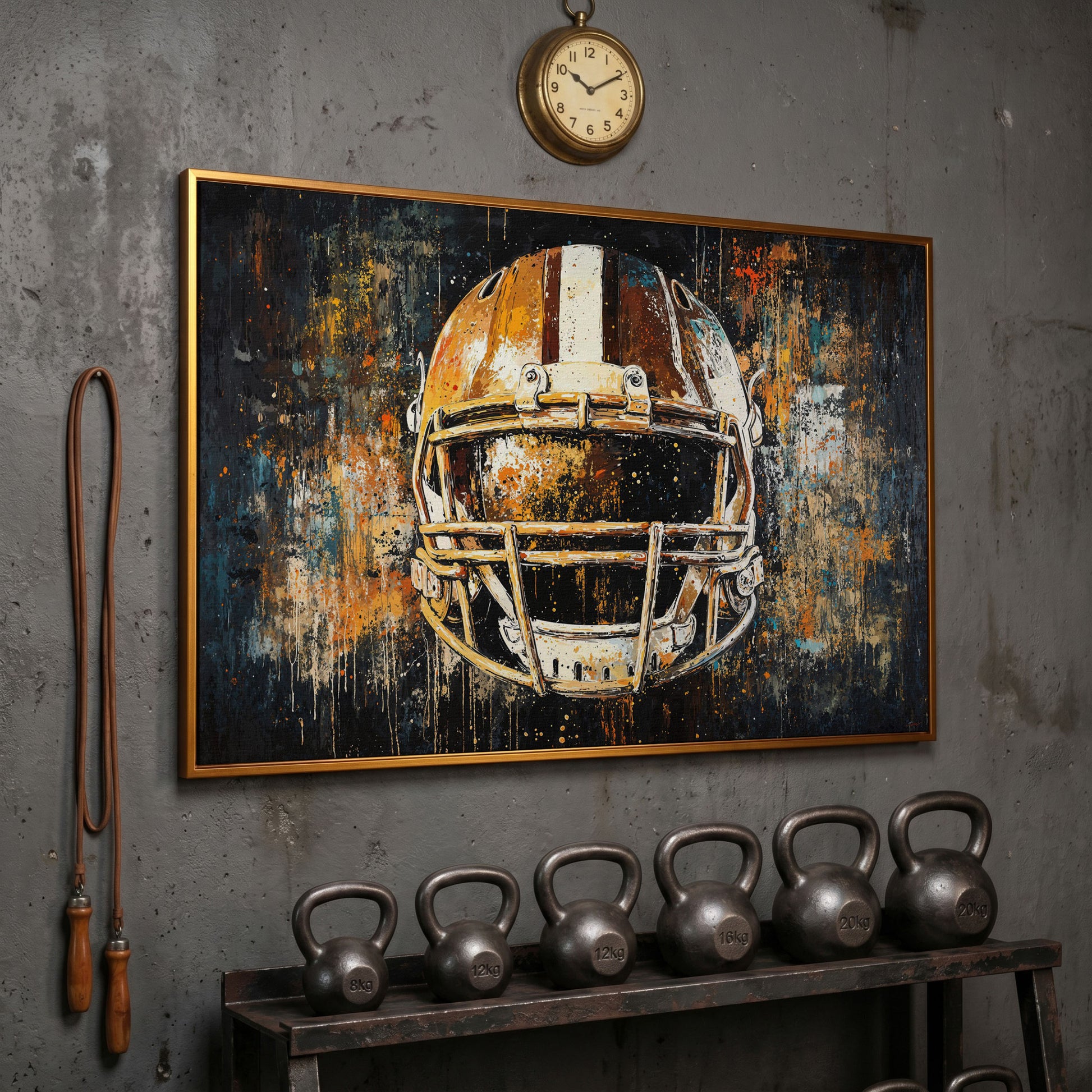 Abstract Football Helmet Canvas in Sienna and Charcoal in antique gold floating frame