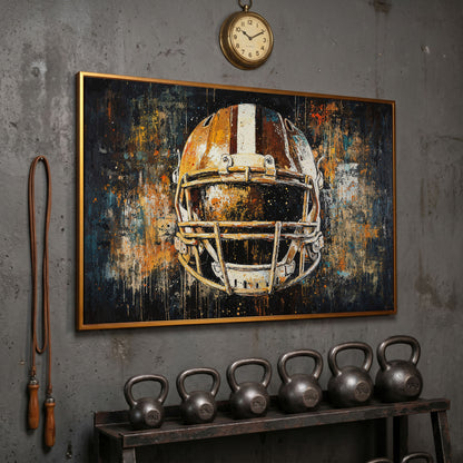 Abstract Football Helmet Canvas in Sienna and Charcoal in antique gold floating frame