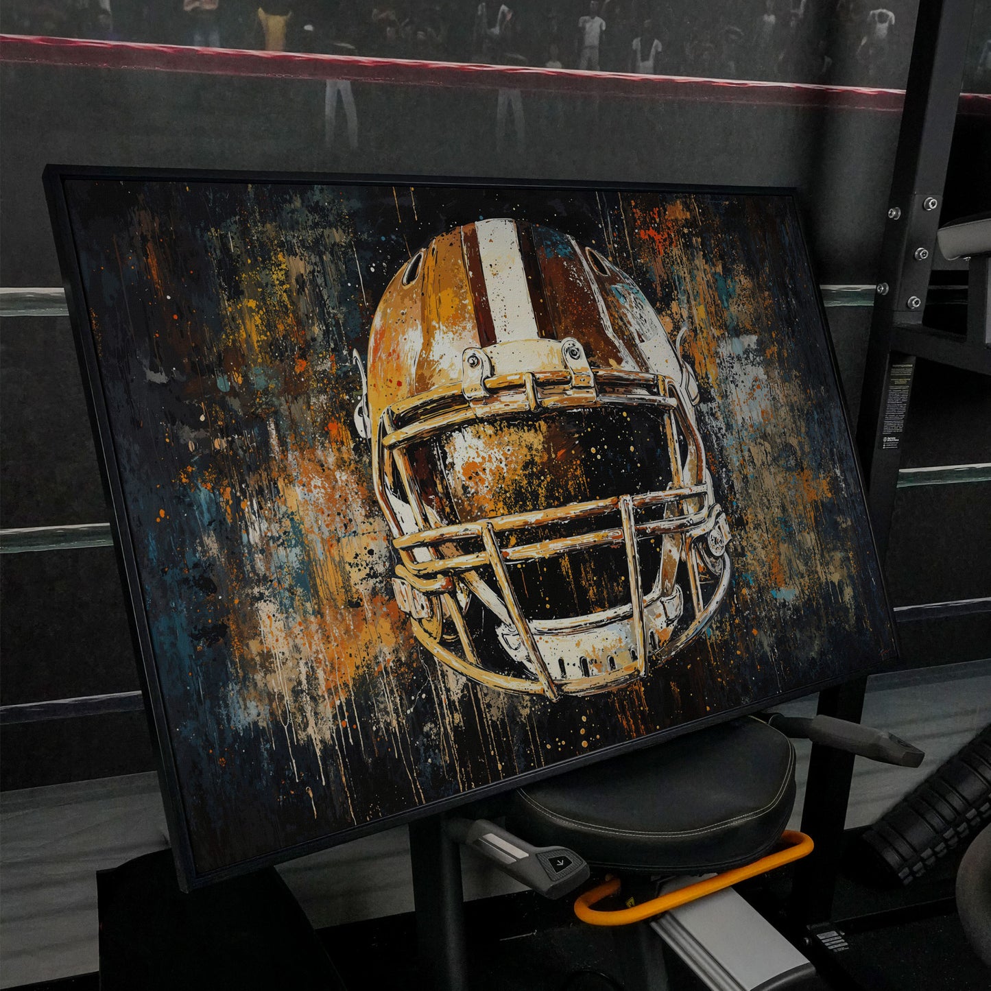 Abstract Football Helmet Canvas in Sienna and Charcoal in black floating frame