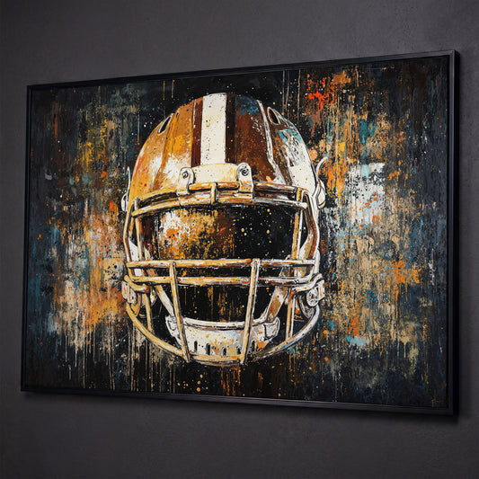 Abstract Football Helmet Canvas in Sienna and Charcoal shown in black floating frame