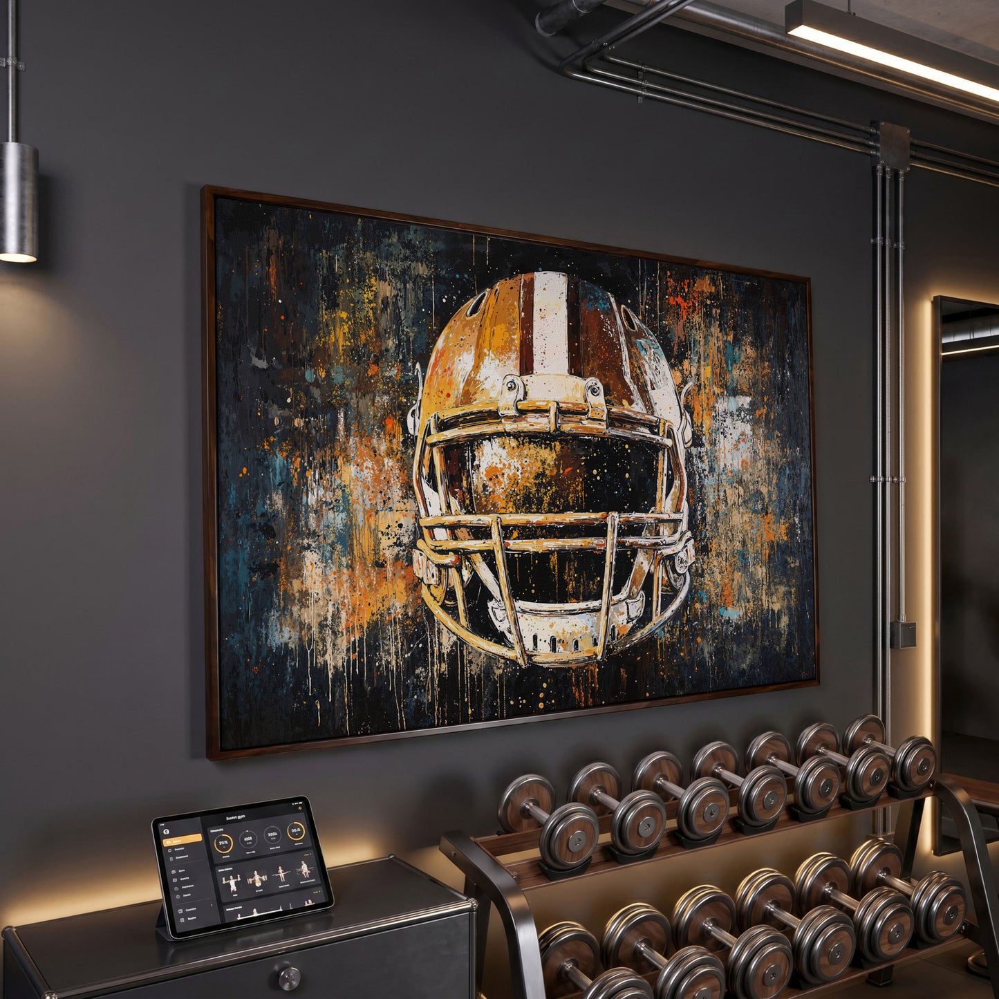 Abstract Football Helmet Canvas in Sienna and Charcoal in dark walnut floating frame