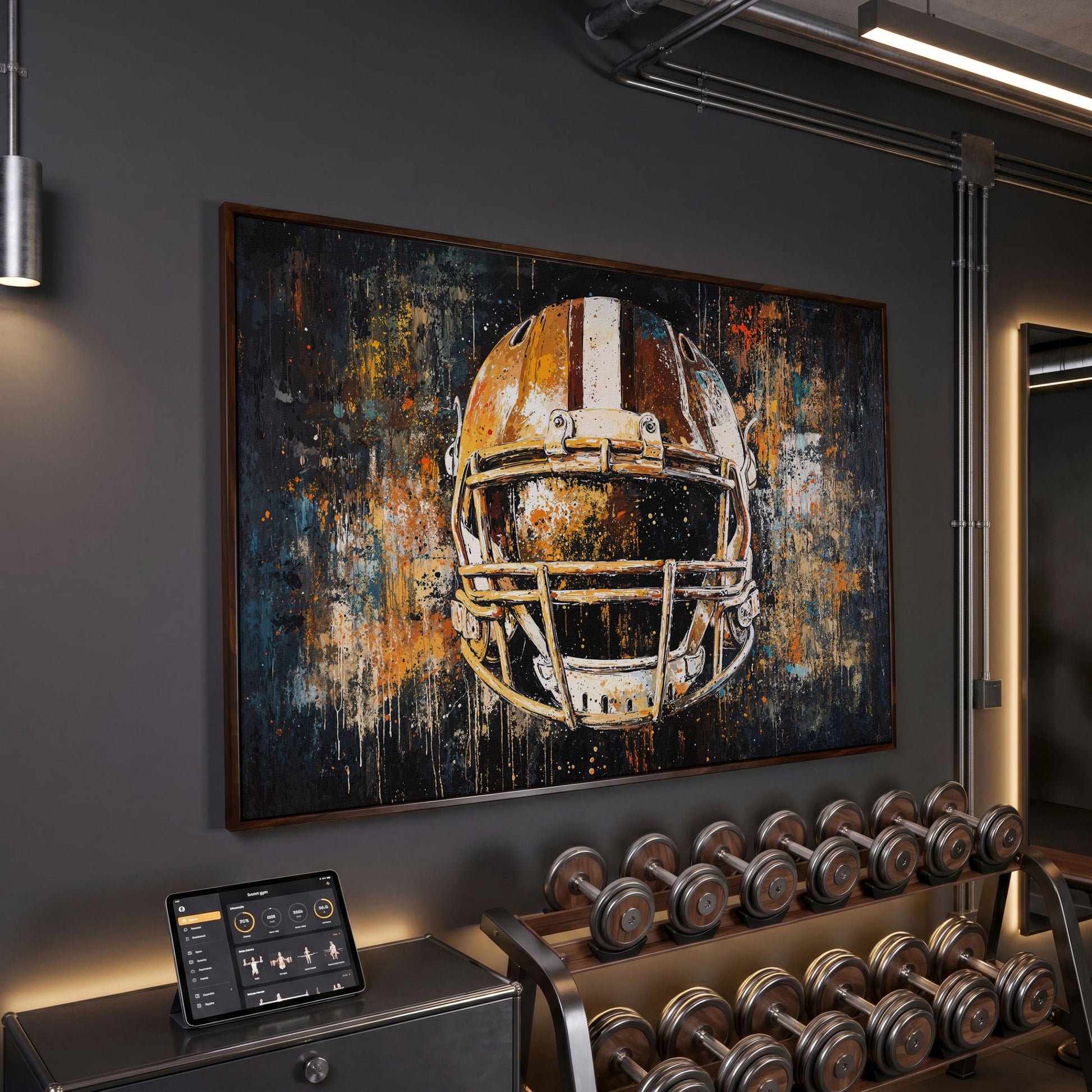 Abstract Football Helmet Canvas in Sienna and Charcoal in dark walnut floating frame