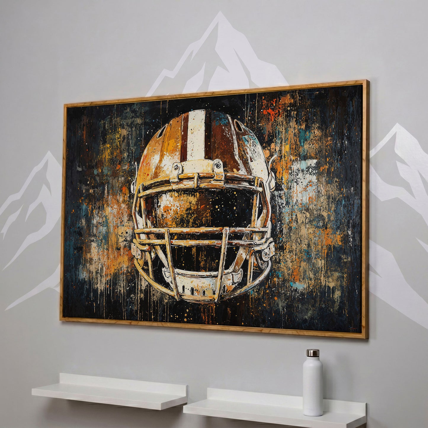 Abstract Football Helmet Canvas in Sienna and Charcoal in white oak floating frame