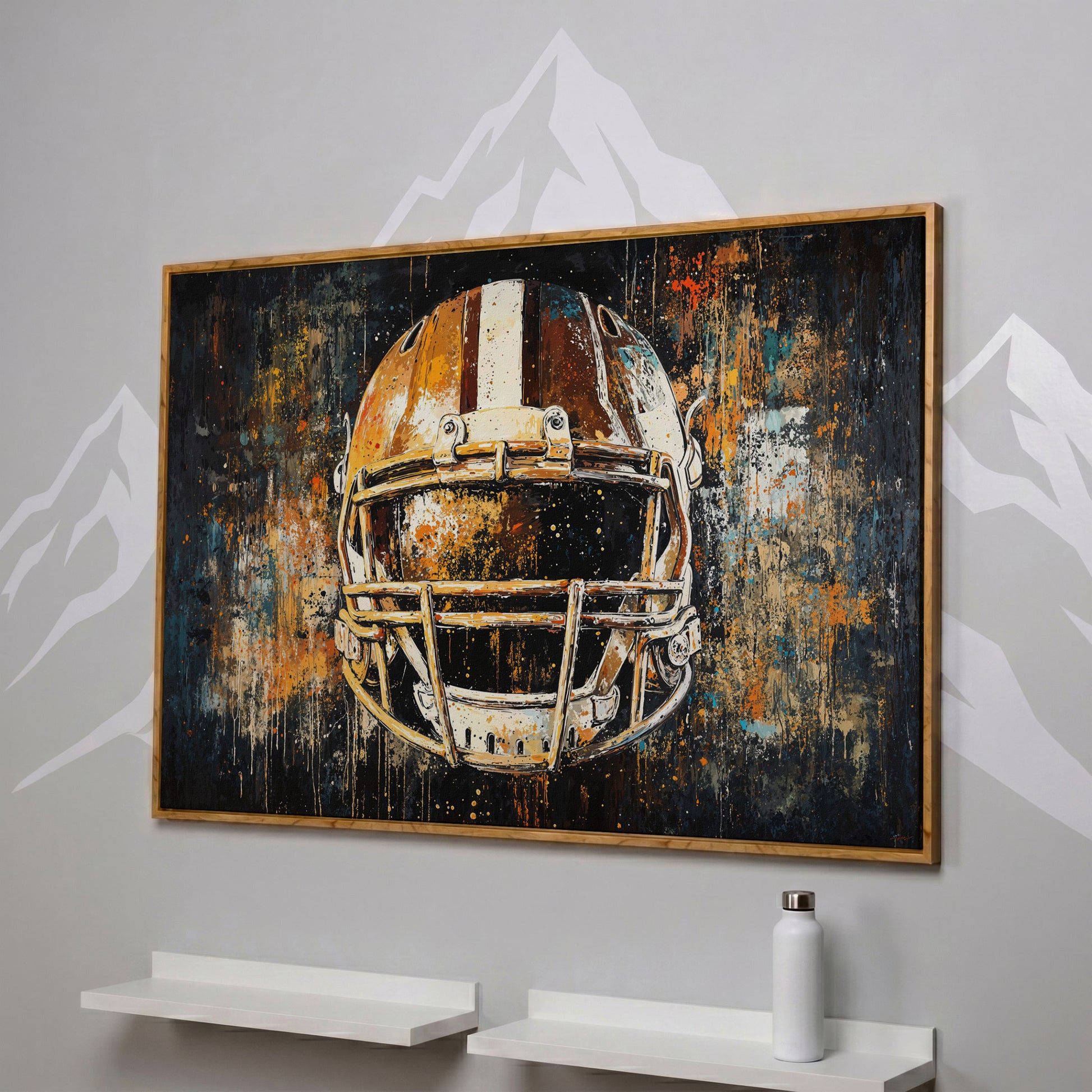Abstract Football Helmet Canvas in Sienna and Charcoal in white oak floating frame