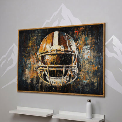Abstract Football Helmet Canvas in Sienna and Charcoal in white oak floating frame