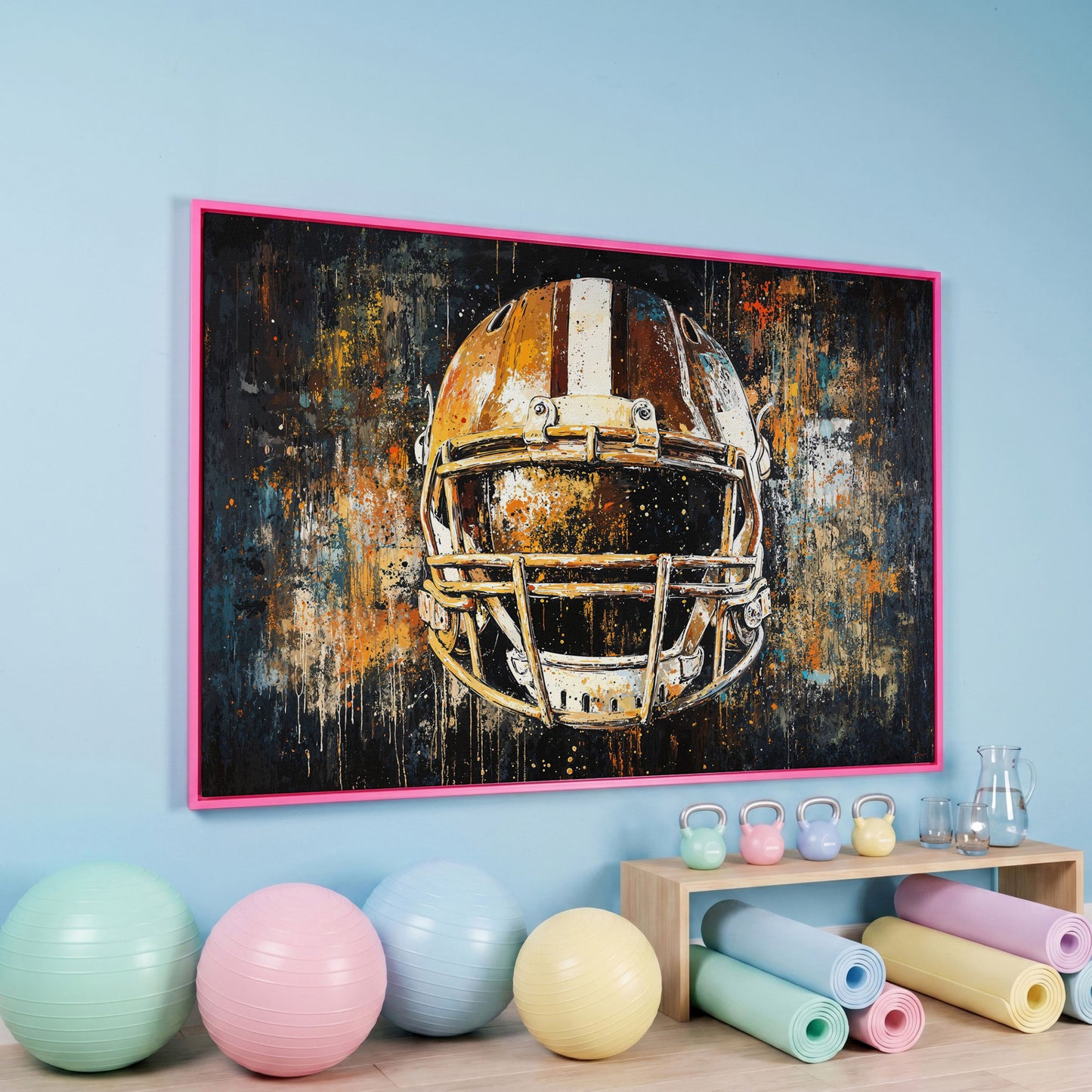 Abstract Football Helmet Canvas in Sienna and Charcoal in pink floating frame