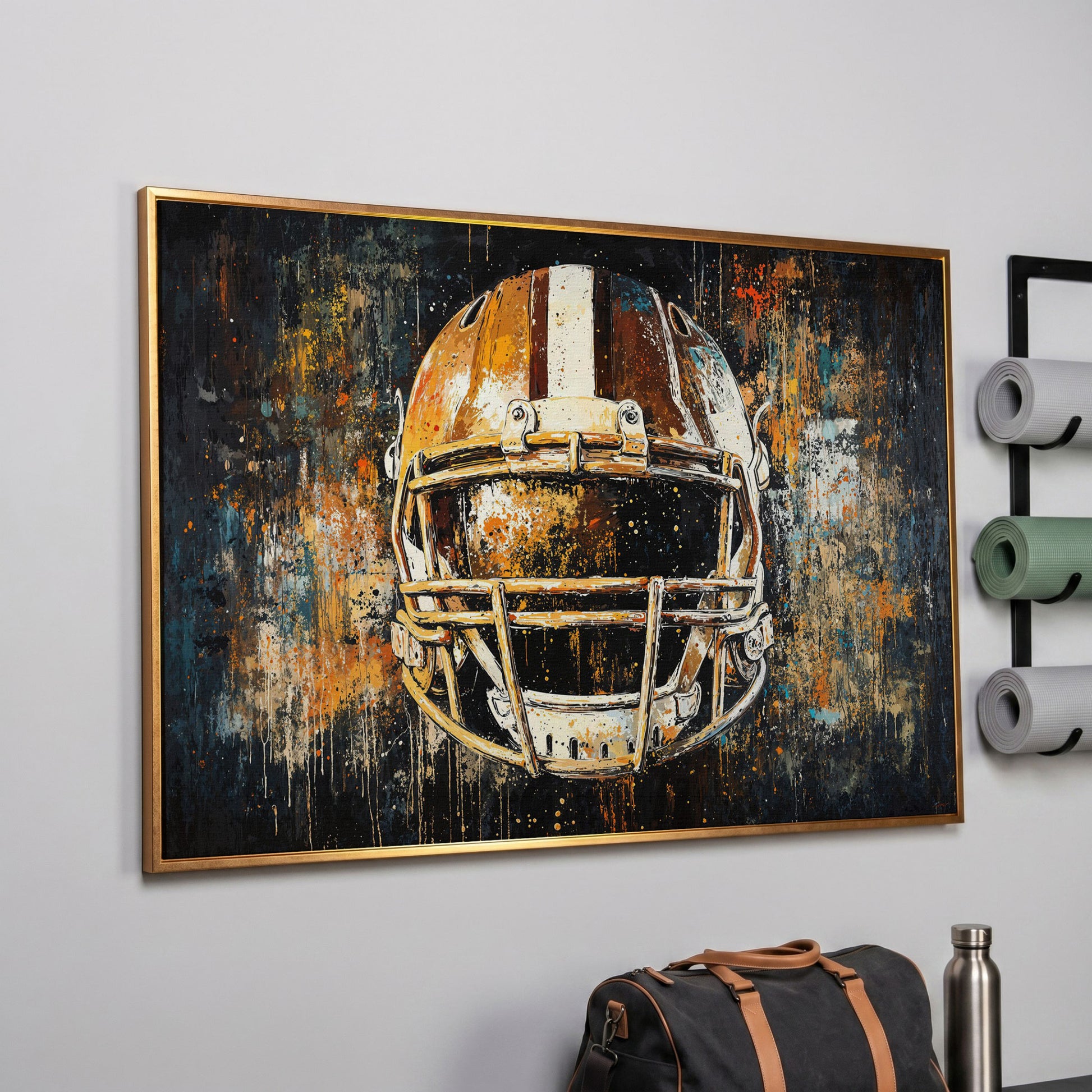 Abstract Football Helmet Canvas in Sienna and Charcoal in rose gold floating frame