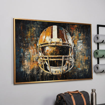 Abstract Football Helmet Canvas in Sienna and Charcoal in rose gold floating frame