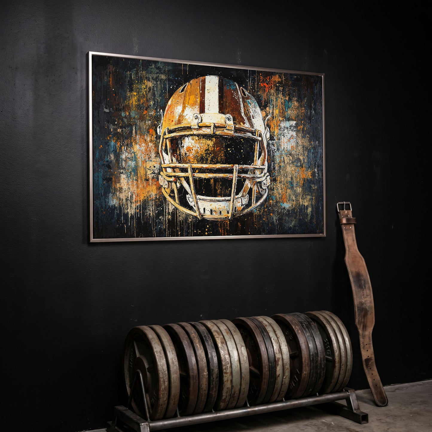 Abstract Football Helmet Canvas in Sienna and Charcoal in silver floating frame