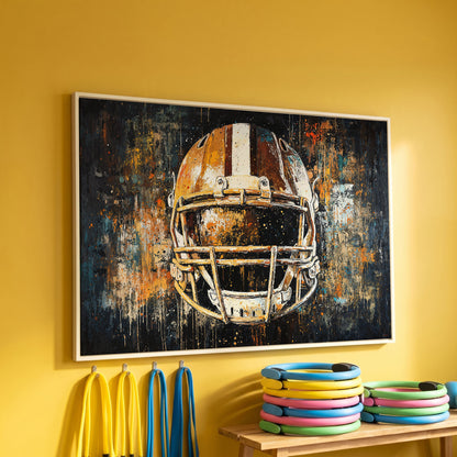 Abstract Football Helmet Canvas in Sienna and Charcoal in white floating frame