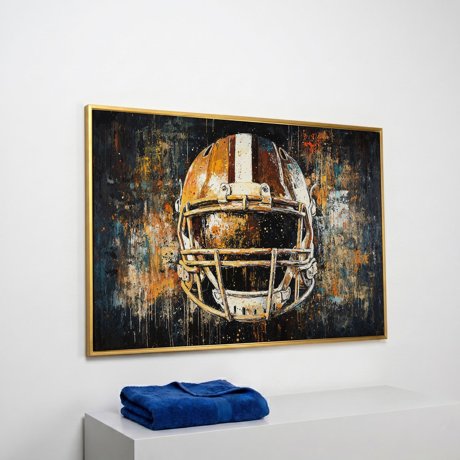 Abstract Football Helmet Canvas in Sienna and Charcoal in yellow gold floating frame