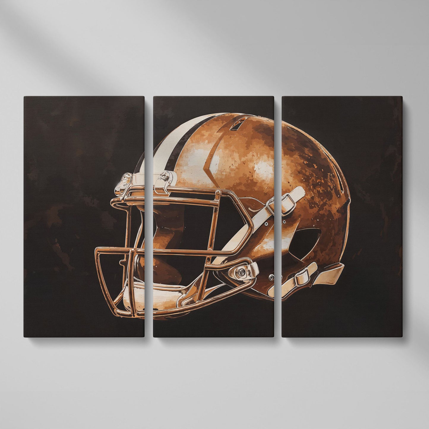 Vintage Football Helmet Canvas in Sepia & Charcoal as 3-panel split version