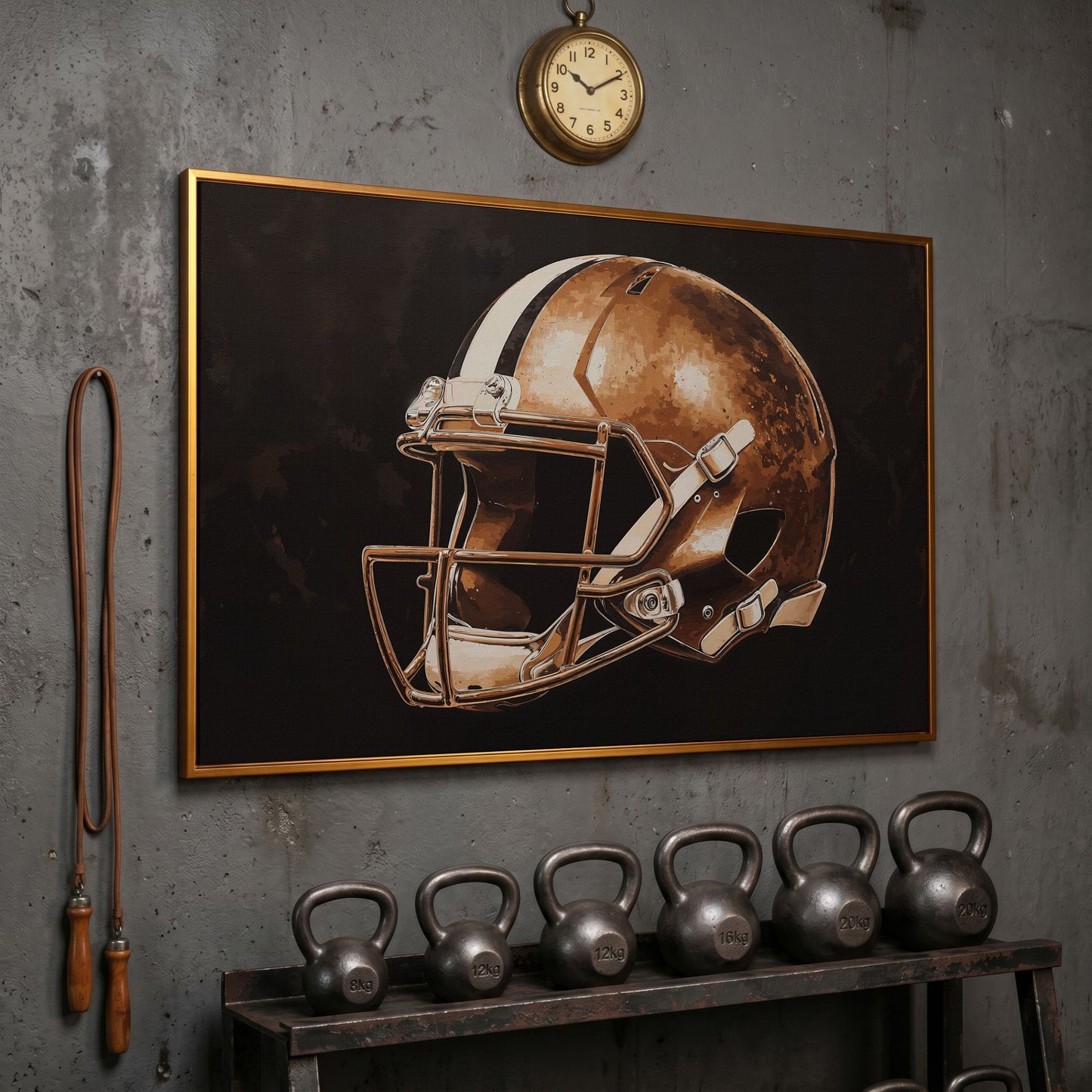Vintage Football Helmet Canvas in Sepia & Charcoal in antique gold floating frame