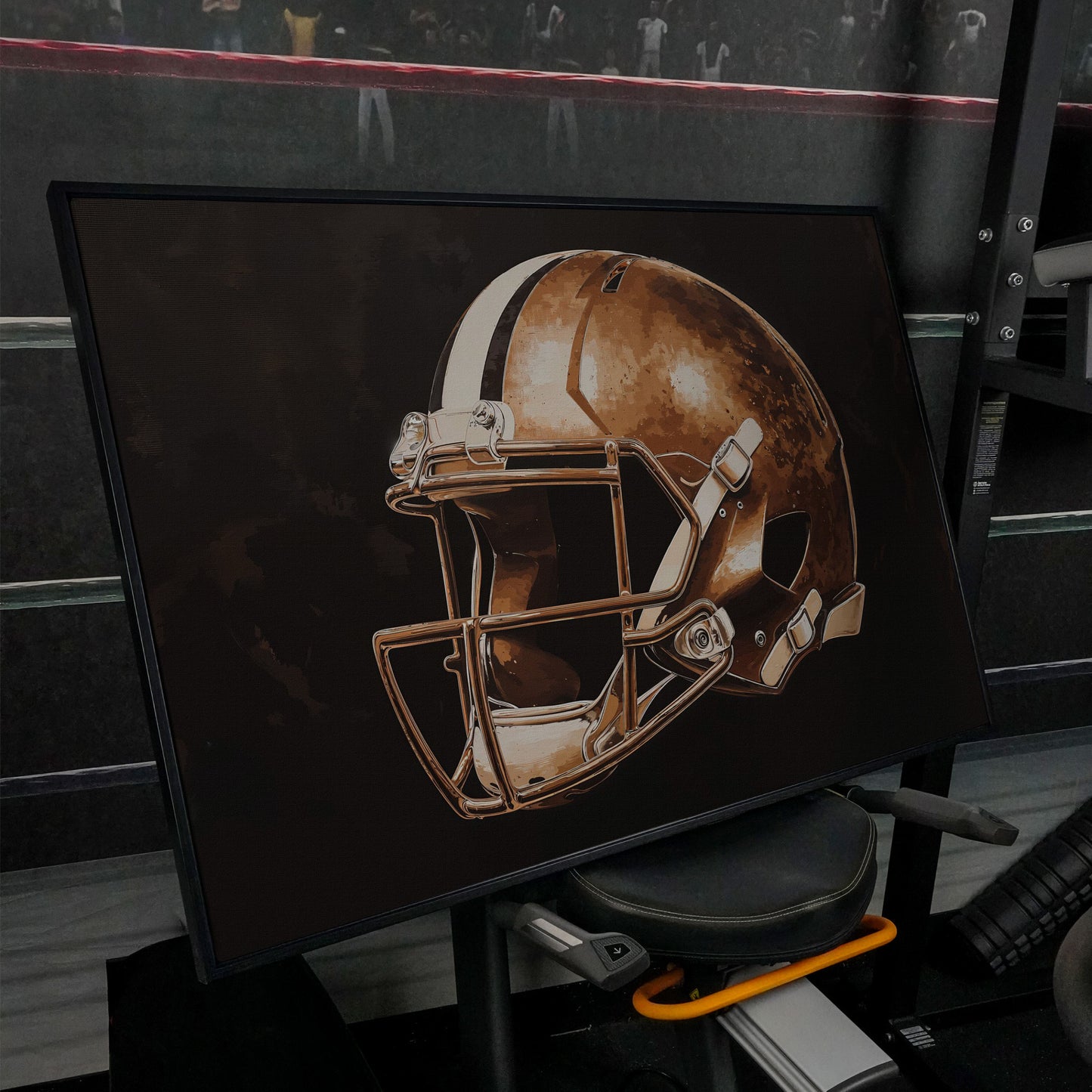 Vintage Football Helmet Canvas in Sepia & Charcoal in black floating frame