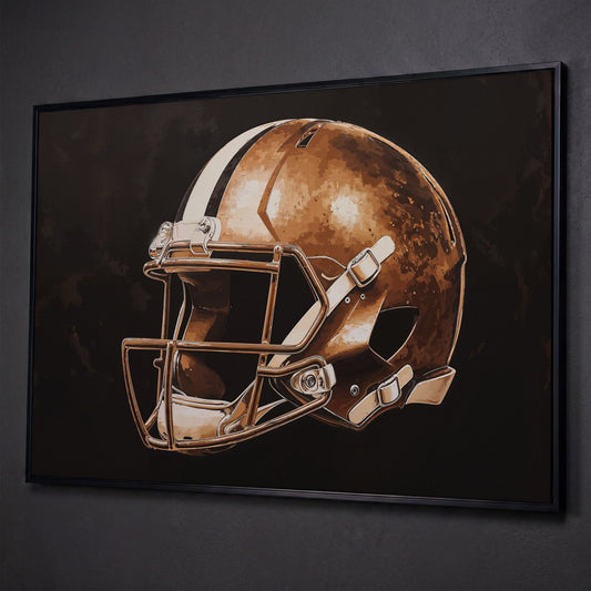 Vintage Football Helmet Canvas in Sepia & Charcoal shown in black floating frame