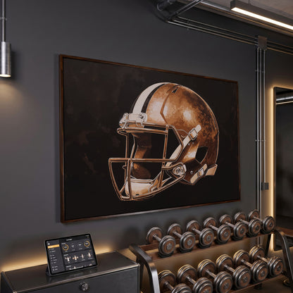 Vintage Football Helmet Canvas in Sepia & Charcoal in dark walnut floating frame