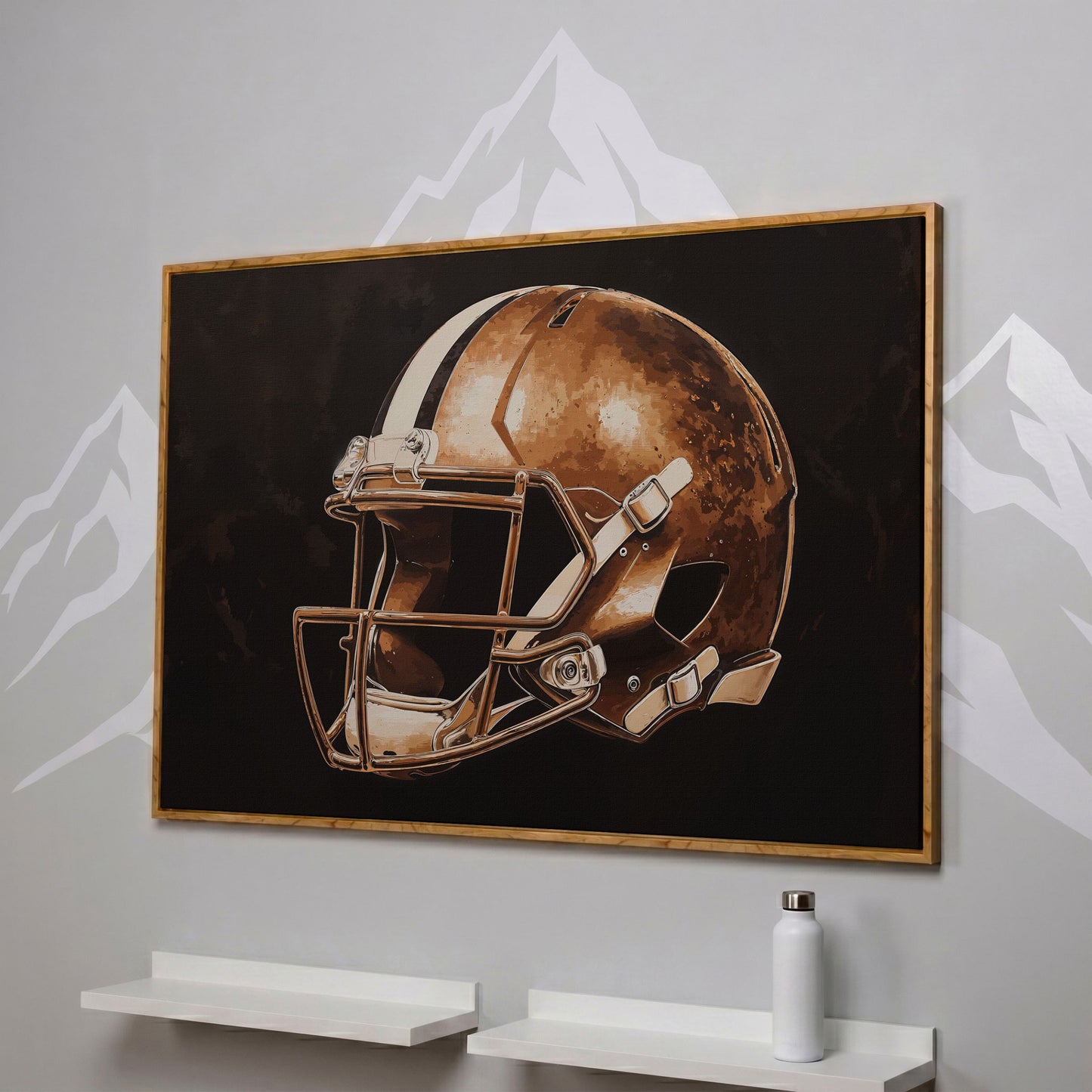 Vintage Football Helmet Canvas in Sepia & Charcoal in white oak floating frame