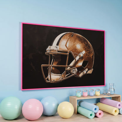 Vintage Football Helmet Canvas in Sepia & Charcoal in pink floating frame