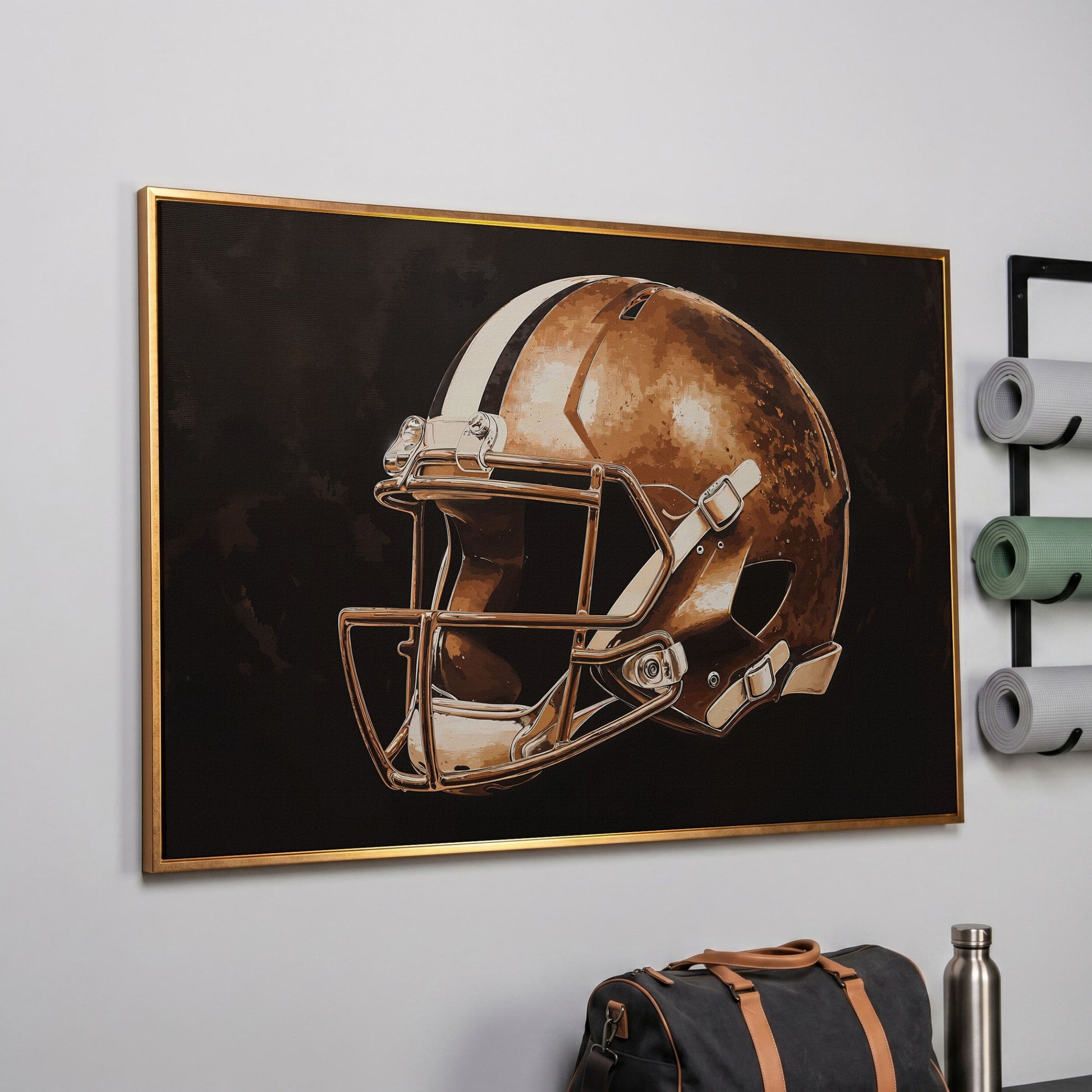 Vintage Football Helmet Canvas in Sepia & Charcoal in rose gold floating frame
