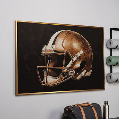 Vintage Football Helmet Canvas in Sepia & Charcoal in rose gold floating frame