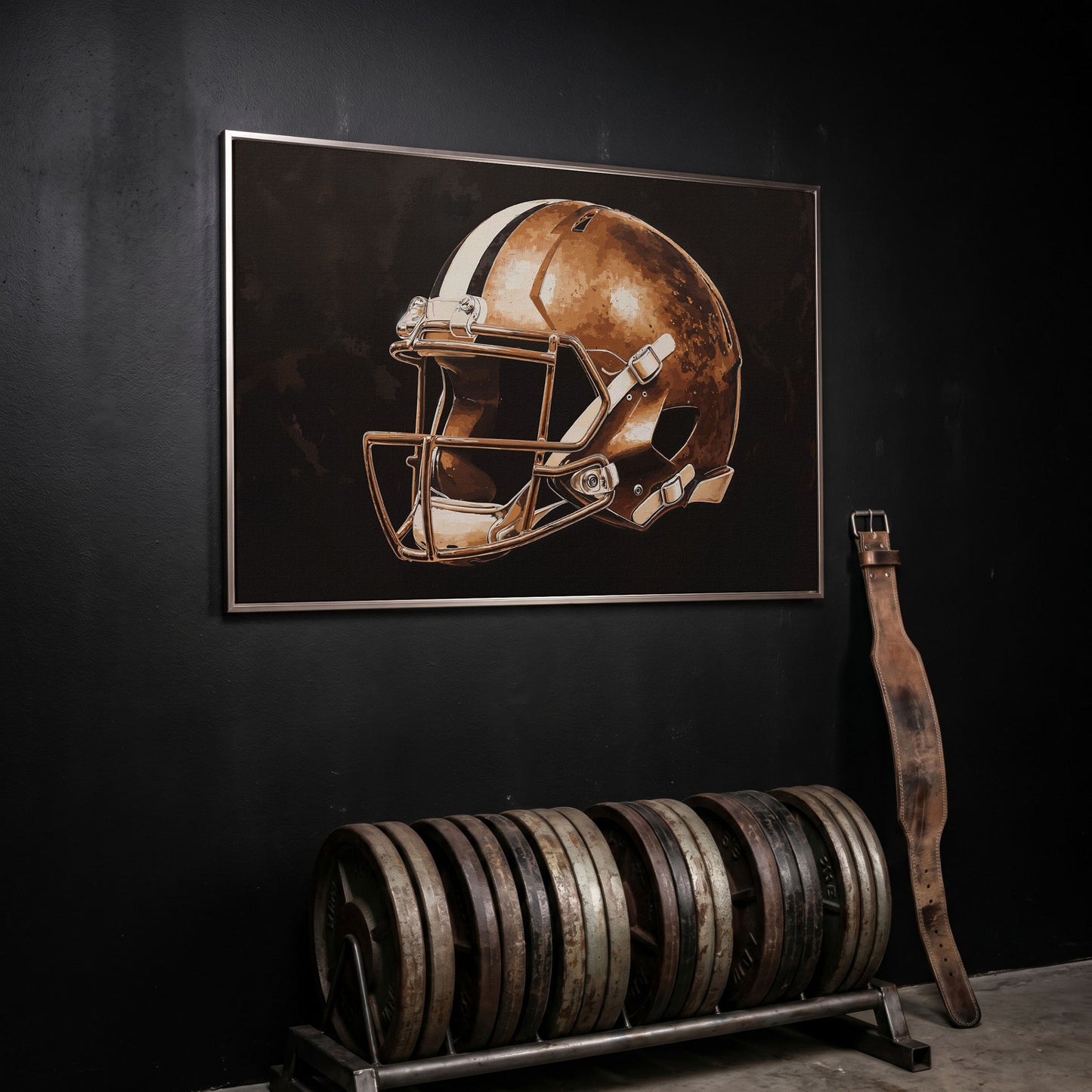 Vintage Football Helmet Canvas in Sepia & Charcoal in silver floating frame