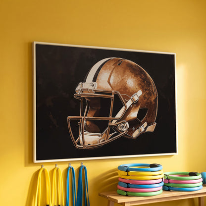 Vintage Football Helmet Canvas in Sepia & Charcoal in white floating frame