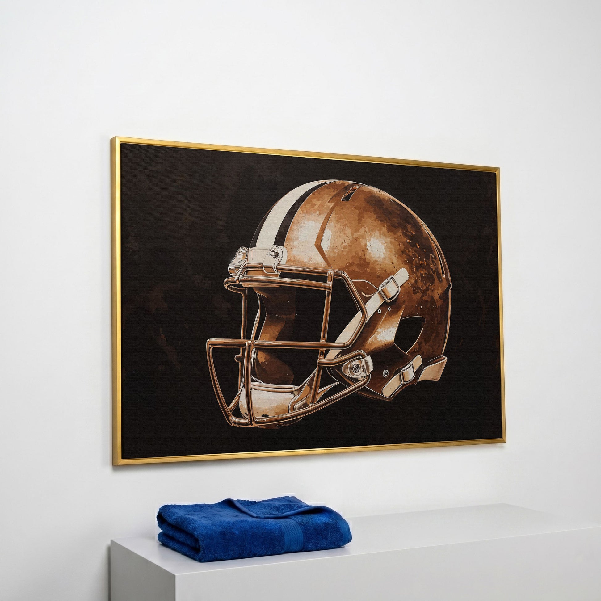 Vintage Football Helmet Canvas in Sepia & Charcoal in yellow gold floating frame