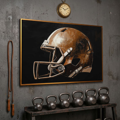 Vintage Football Helmet Canvas Print in antique gold floating frame