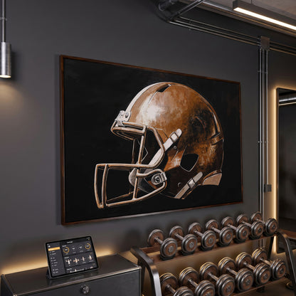 Vintage Football Helmet Canvas Print in dark walnut floating frame
