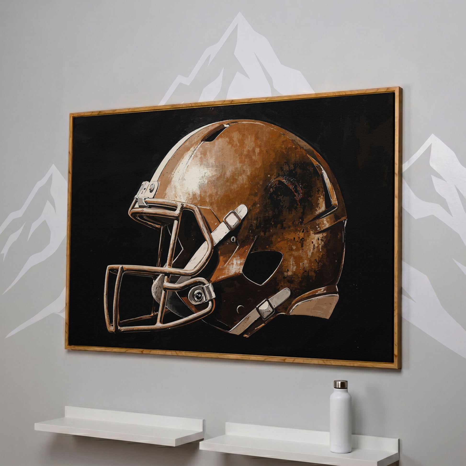 Vintage Football Helmet Canvas Print in white oak floating frame