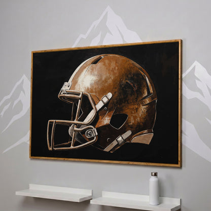 Vintage Football Helmet Canvas Print in white oak floating frame