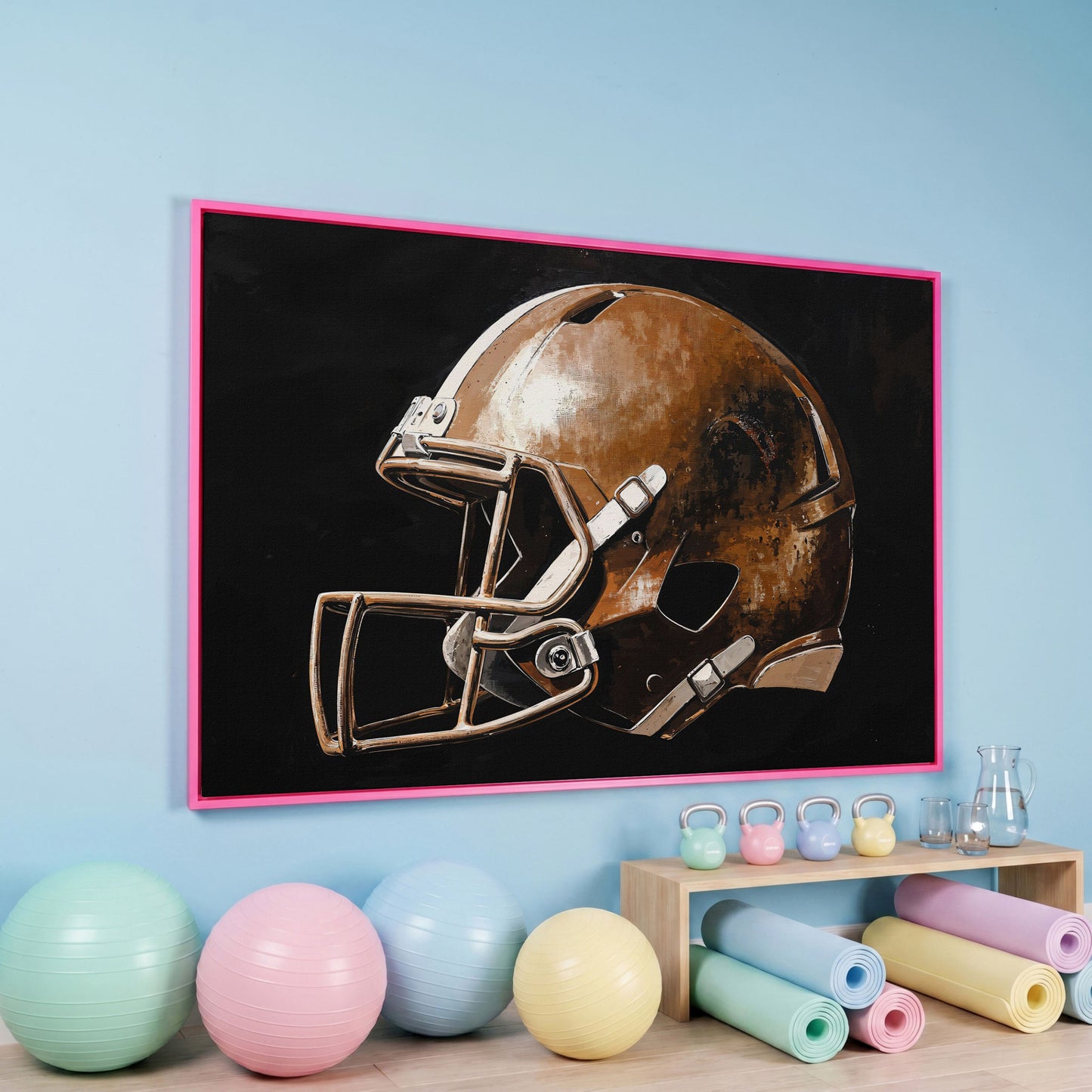 Vintage Football Helmet Canvas Print in pink floating frame