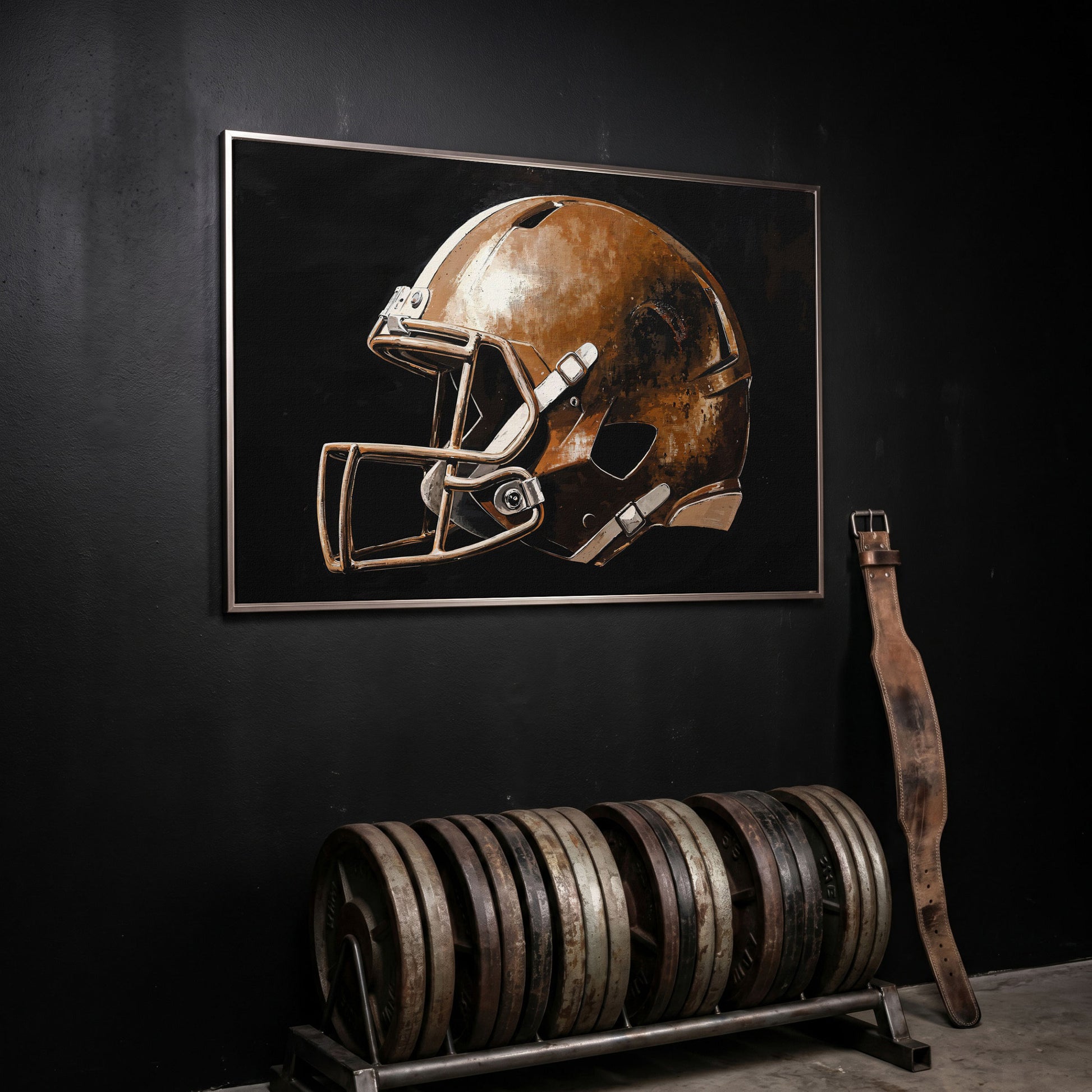 Vintage Football Helmet Canvas Print in silver floating frame
