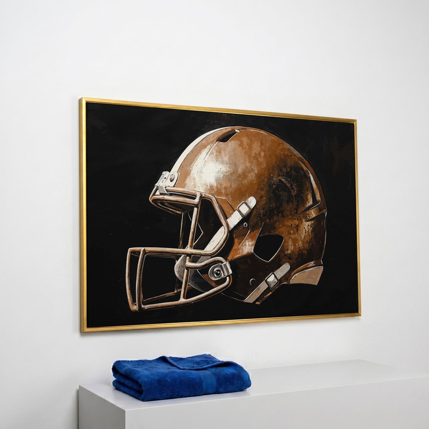 Vintage Football Helmet Canvas Print in yellow gold floating frame