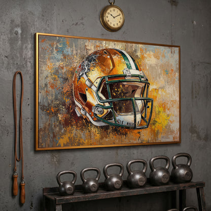 Vibrant Football Helmet Pop Art Canvas in antique gold floating frame