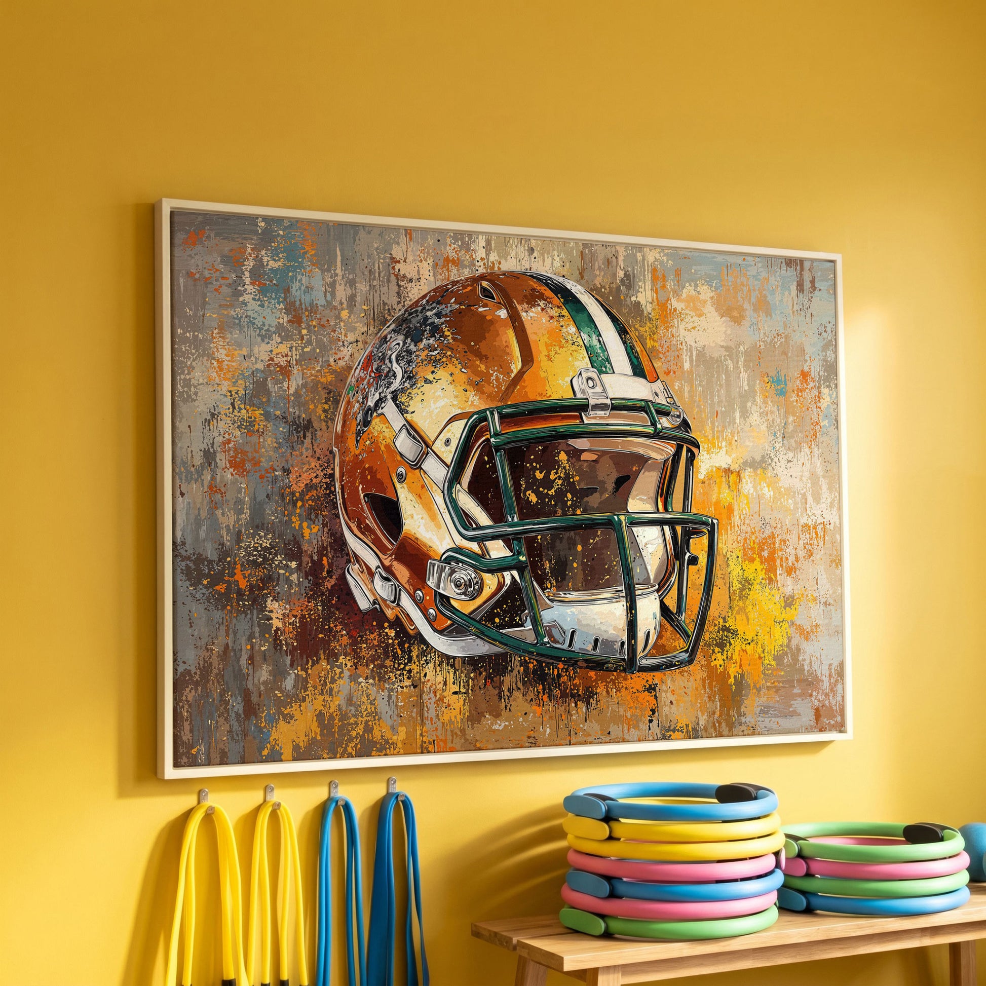 Vibrant Football Helmet Pop Art Canvas in white floating frame