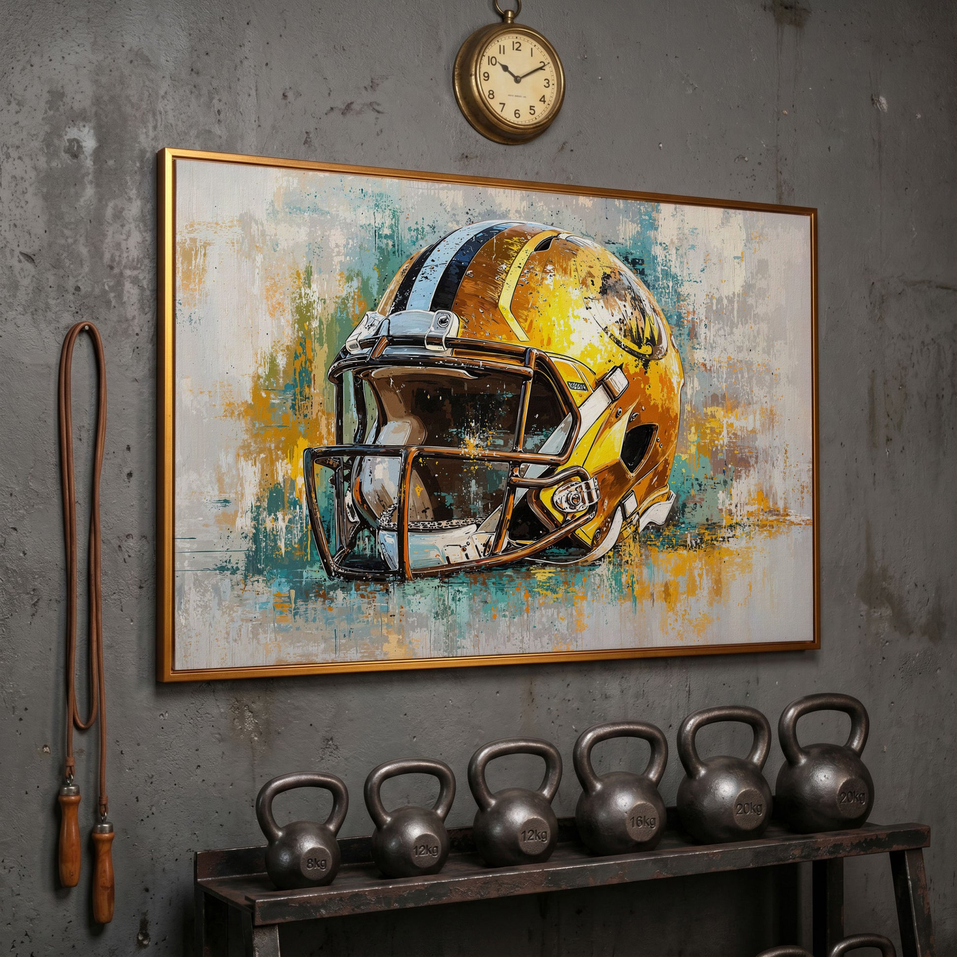 Gold & Teal Football Helmet Canvas Print in antique gold floating frame
