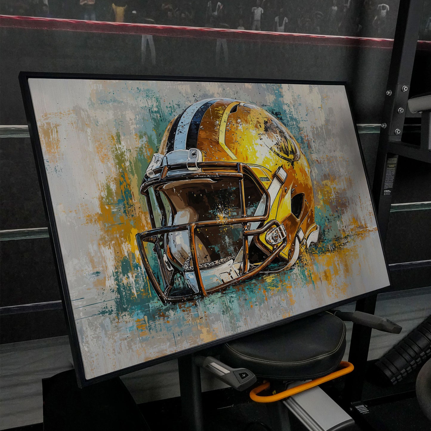 Gold & Teal Football Helmet Canvas Print in black floating frame