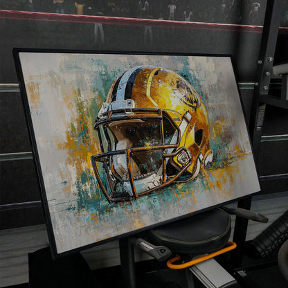 Gold & Teal Football Helmet Canvas Print in black floating frame