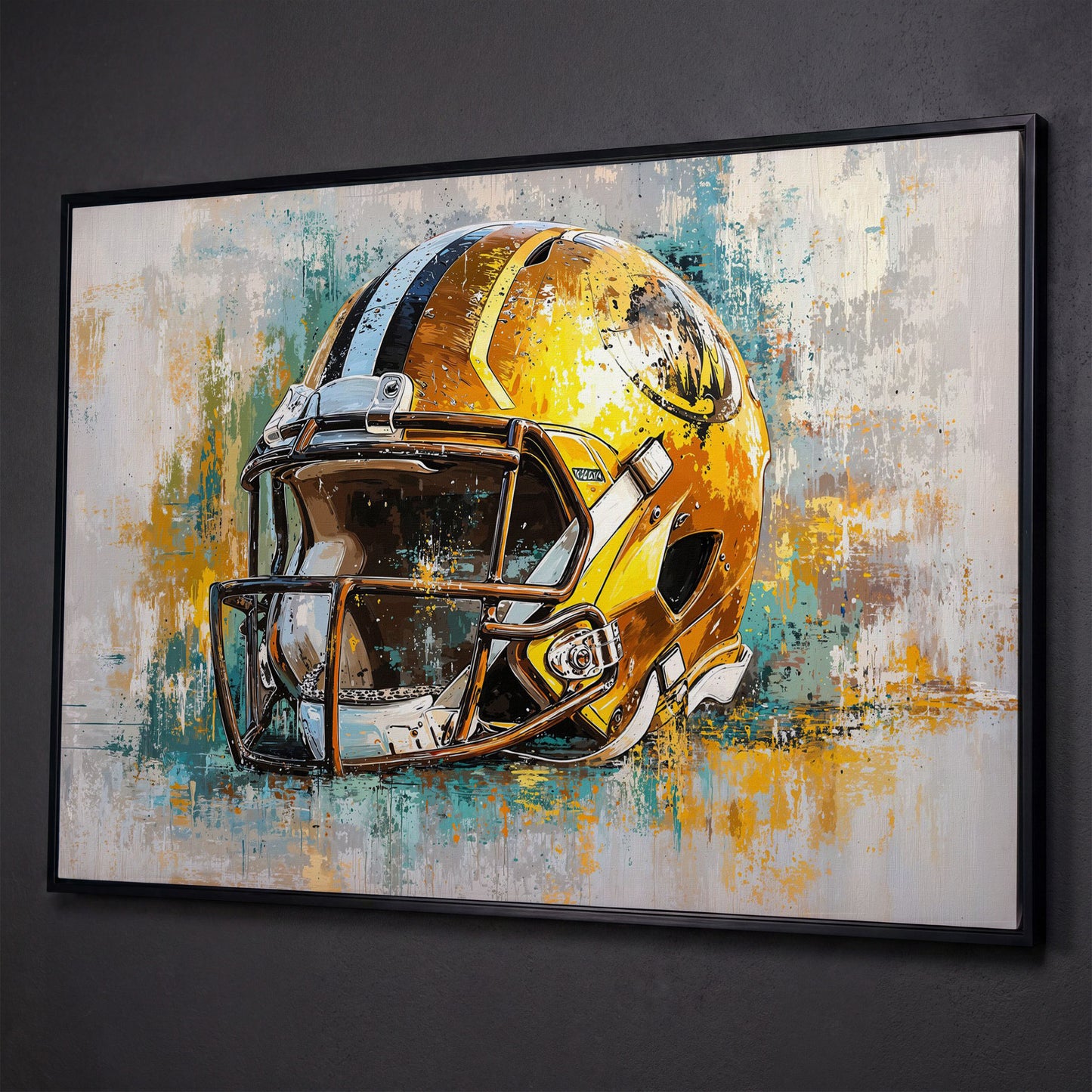 Gold & Teal Football Helmet Canvas Print shown in black floating frame