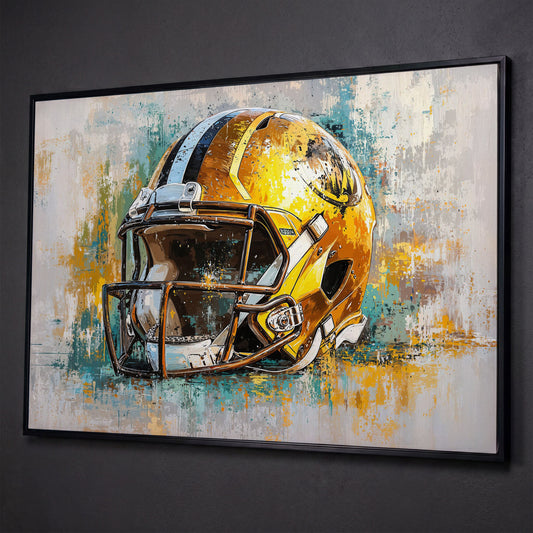 Gold & Teal Football Helmet Canvas Print shown in black floating frame