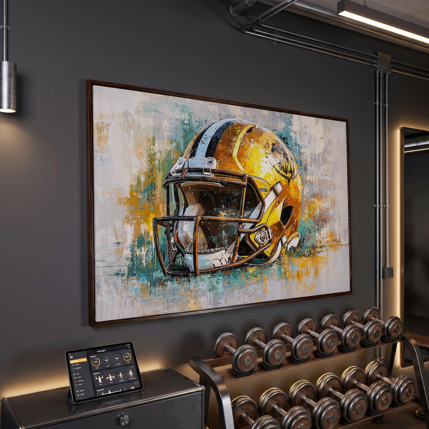 Gold & Teal Football Helmet Canvas Print in dark walnut floating frame