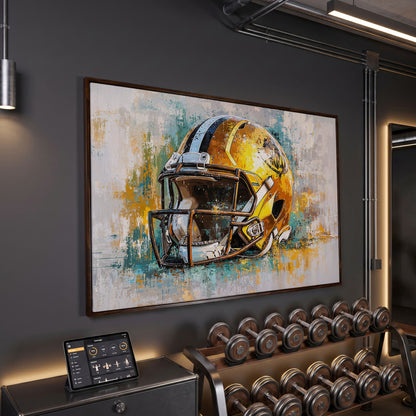 Gold & Teal Football Helmet Canvas Print in dark walnut floating frame
